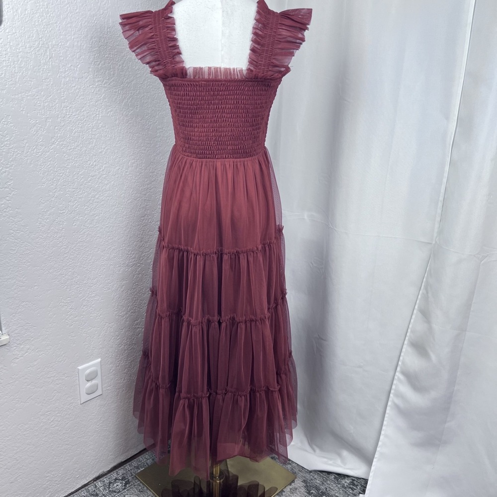 Baltic Born Emma Smocked Tulle Midi Dress Womens Medium Oxblood Formal Occasion - Picture 4 of 10